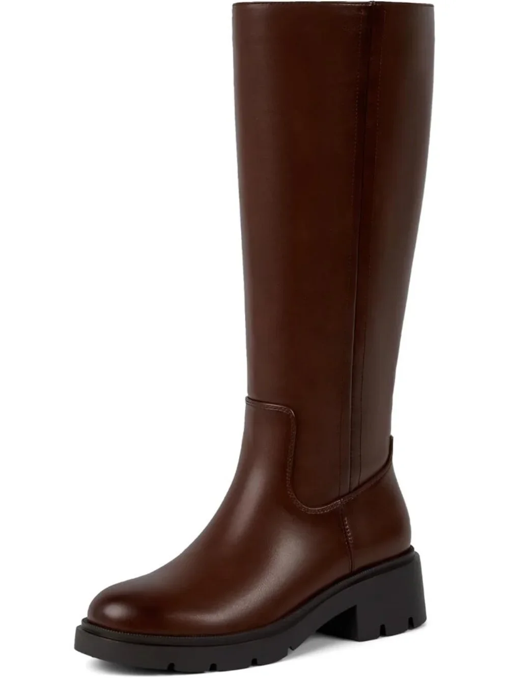 Women's Reddish Brown Faux Leather Wide Calf Round Toe Low Heel Side Zipper Boot